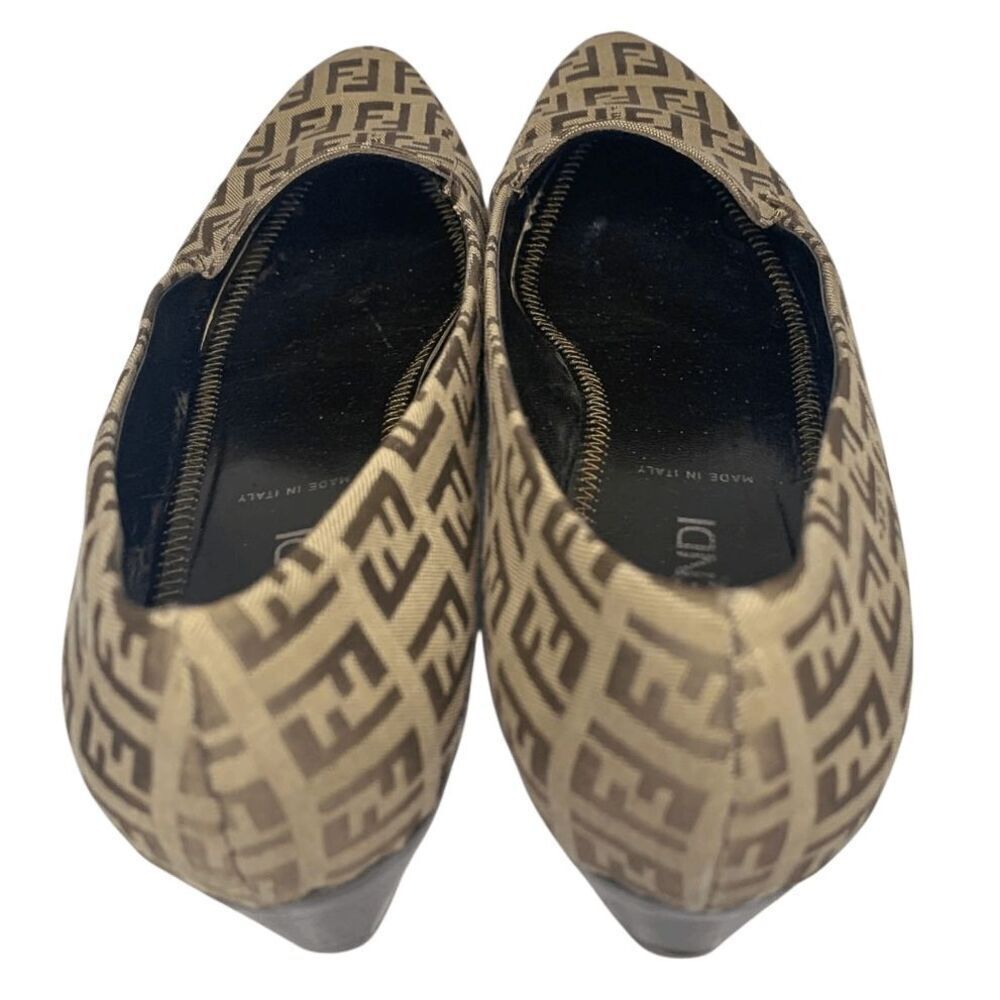 Fendi Zucca Monogram Slip Ons EU 38 Brown FF Logo Loafer Low Block Heel Pumps - Picture 7 of 12